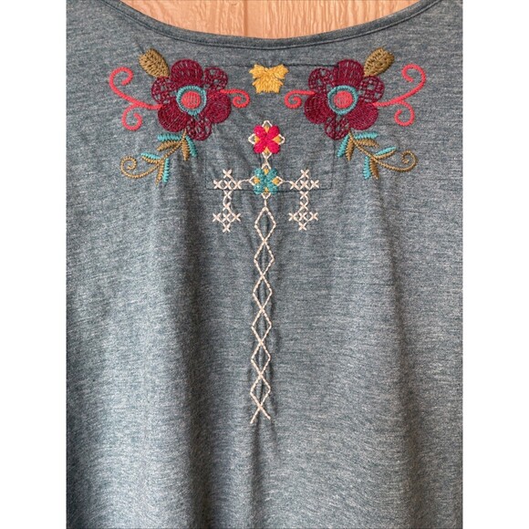 Johnny Was RELAXED Tunic Shirt Teal Floral Size M Cotton Two Sided Flowy Boho - Picture 8 of 8